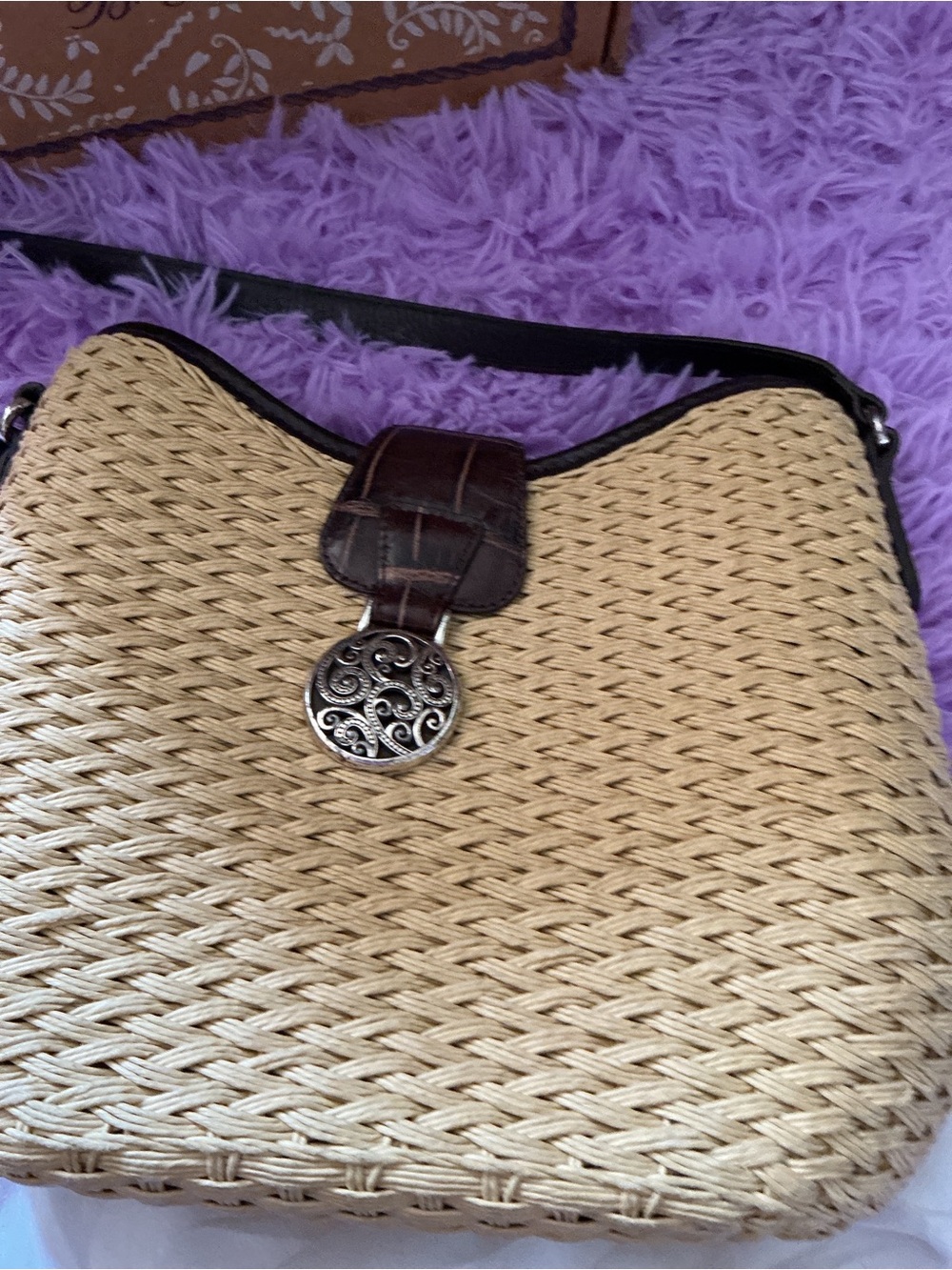 Brighton Natural Woven Shoulder Bag with Brown Trim - Picture 8 of 15